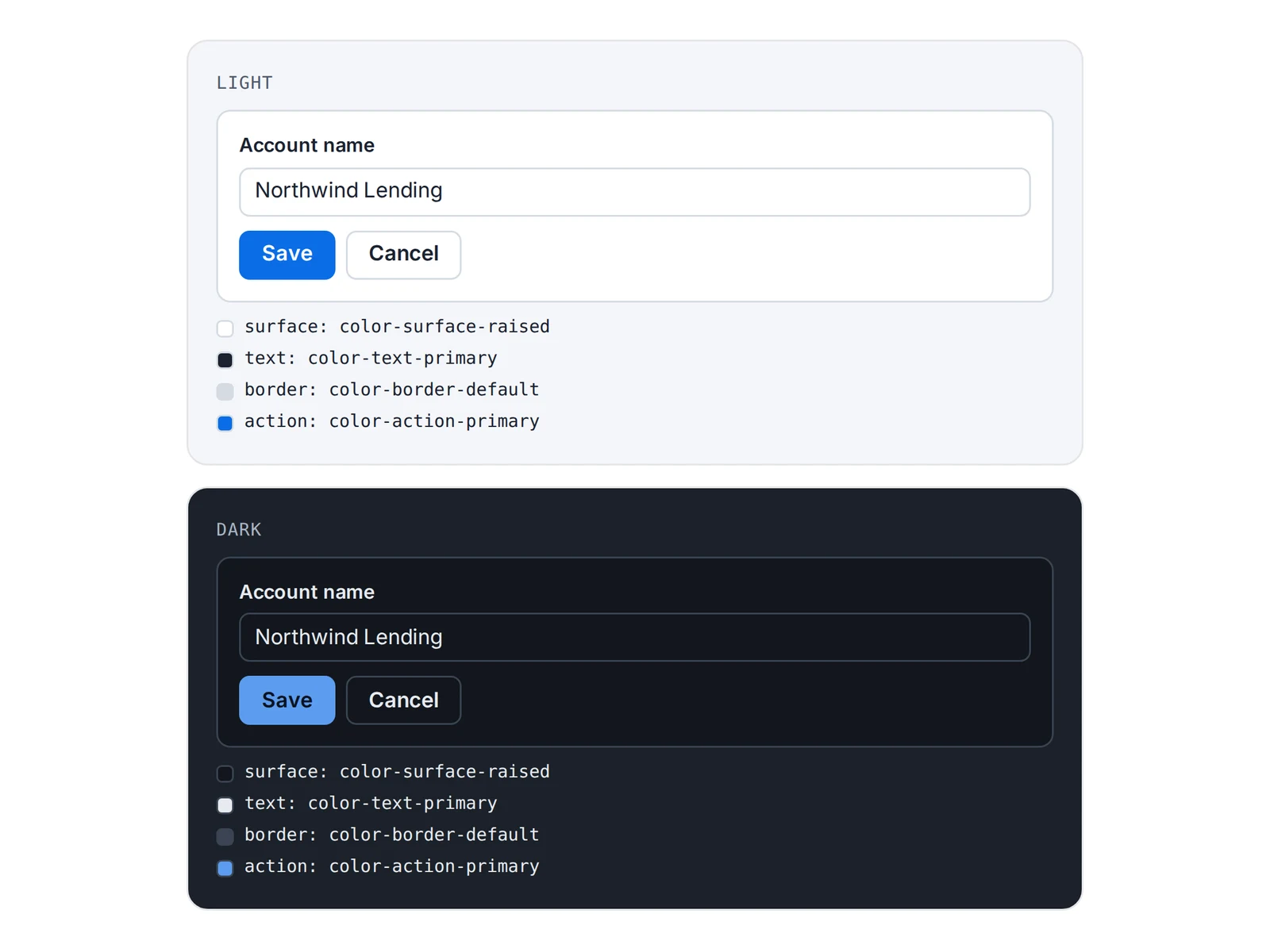 Illustration: one rebuilt form component in light and dark themes, with the semantic tokens it uses.