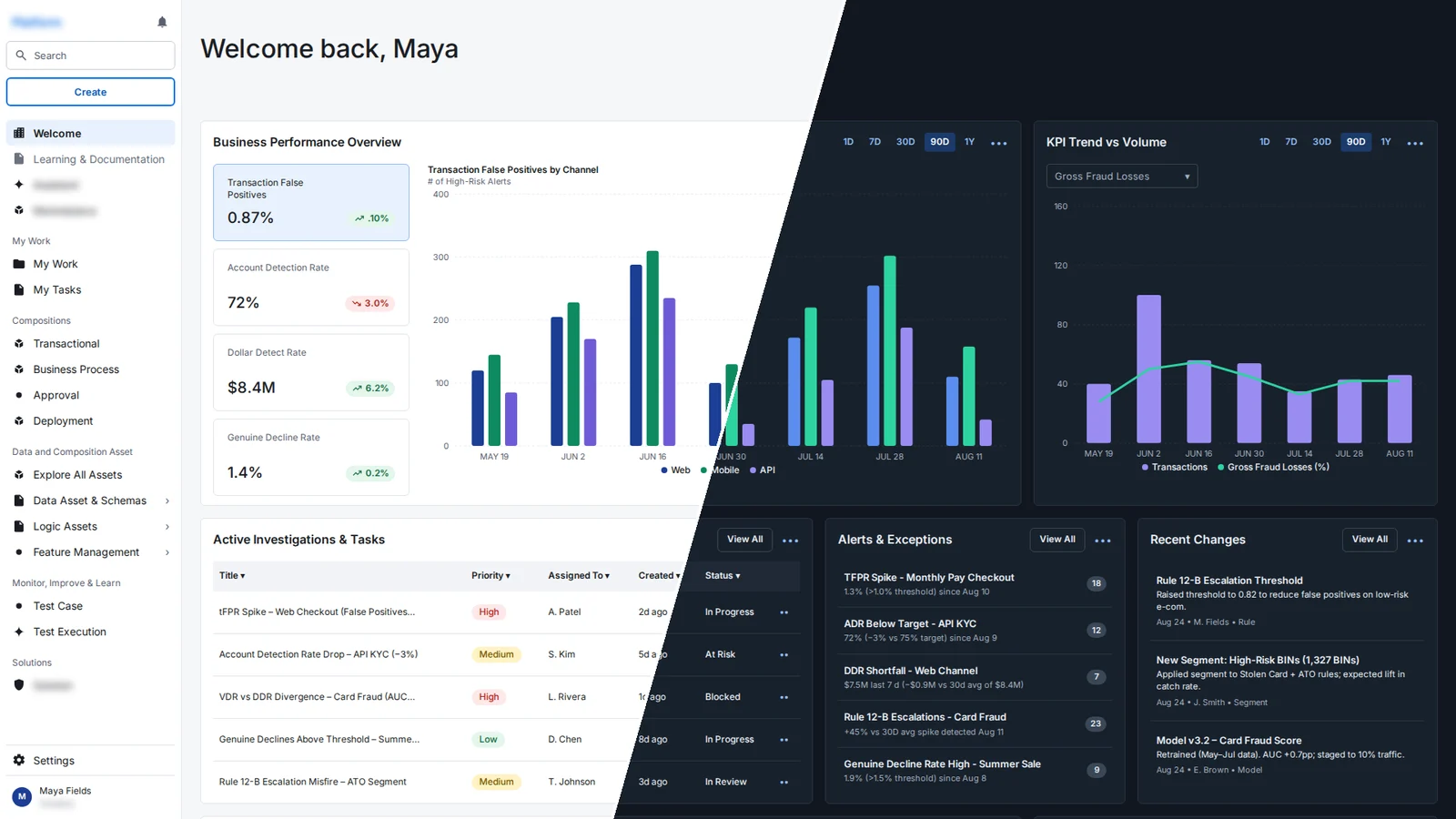 The platform home dashboard, rebuilt with sample data and split diagonally to show the light and dark themes. Branding is blurred.