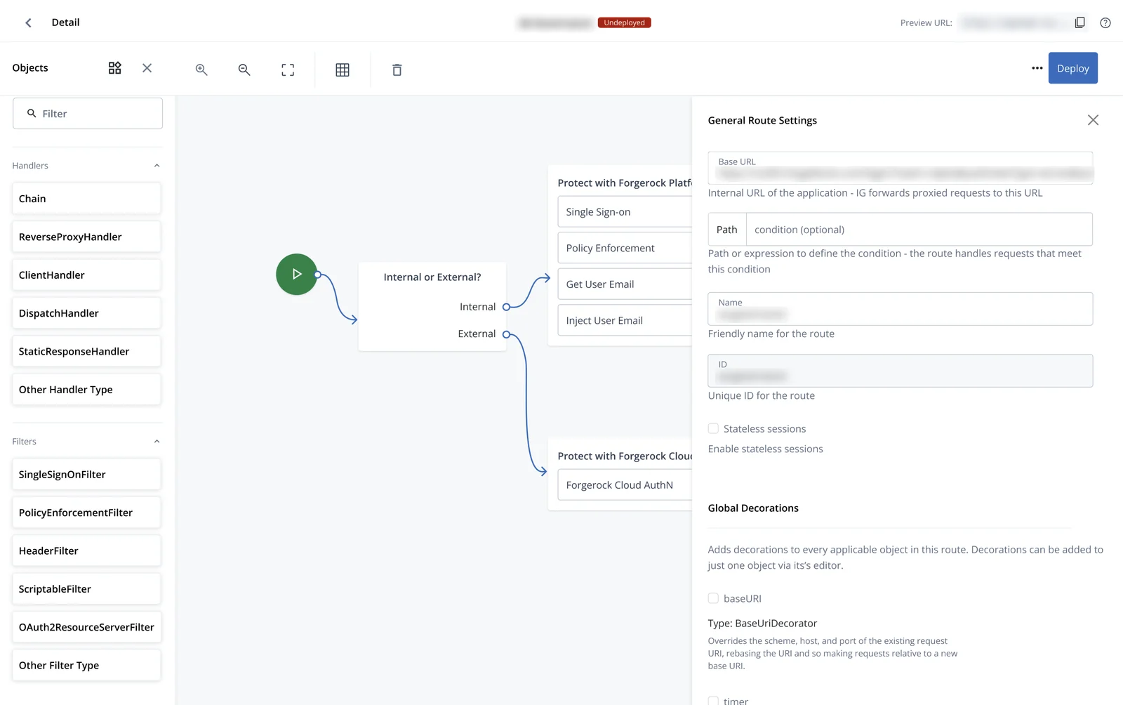 IG Studio’s route editor: an Objects panel of handlers and filters, a canvas where a dispatch handler splits internal and external requests into two protection flows, and the route settings panel.