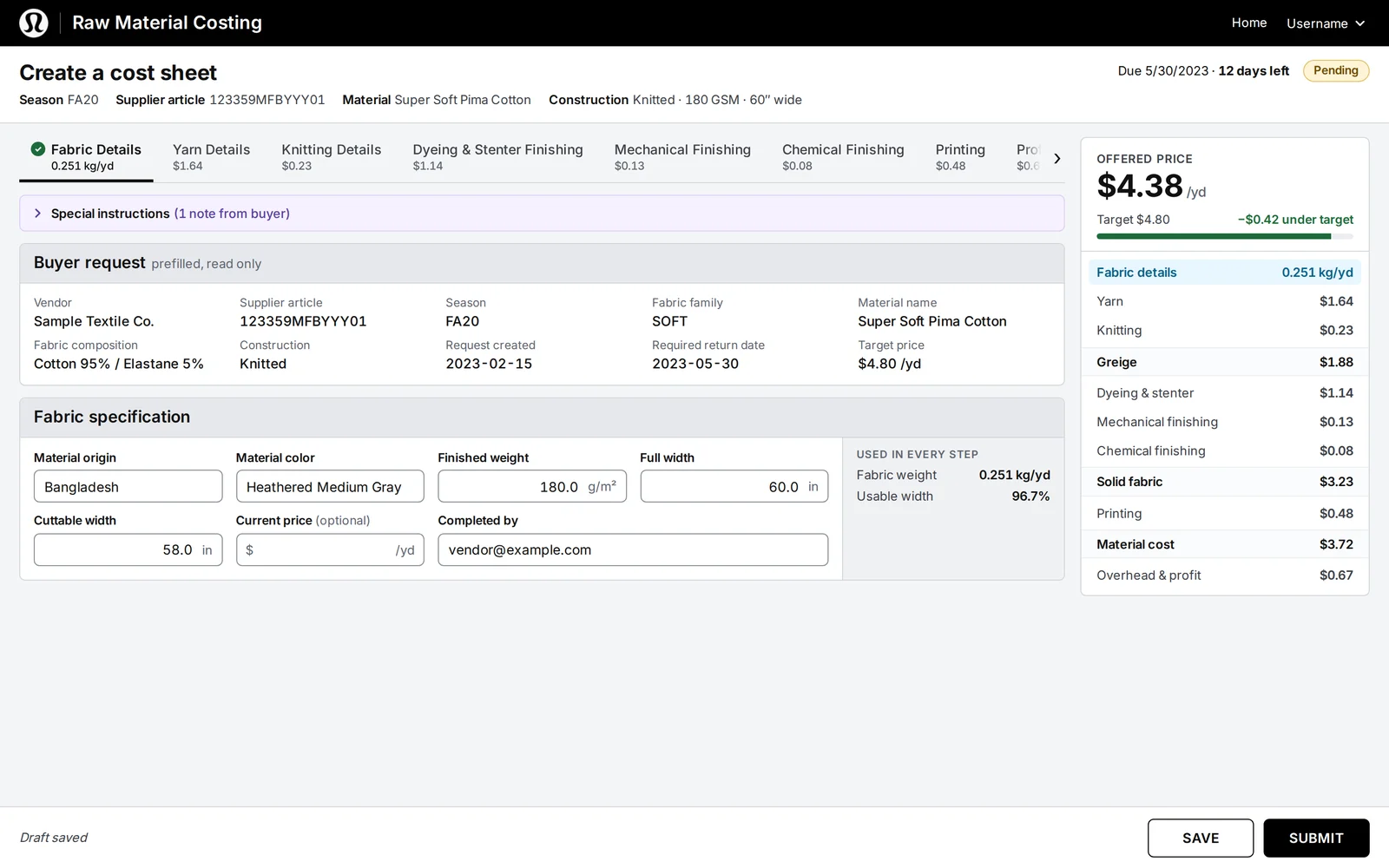 The Create a cost sheet screen in the Raw Material Costing tool, with fabric details, the live offered price, and its cost breakdown.