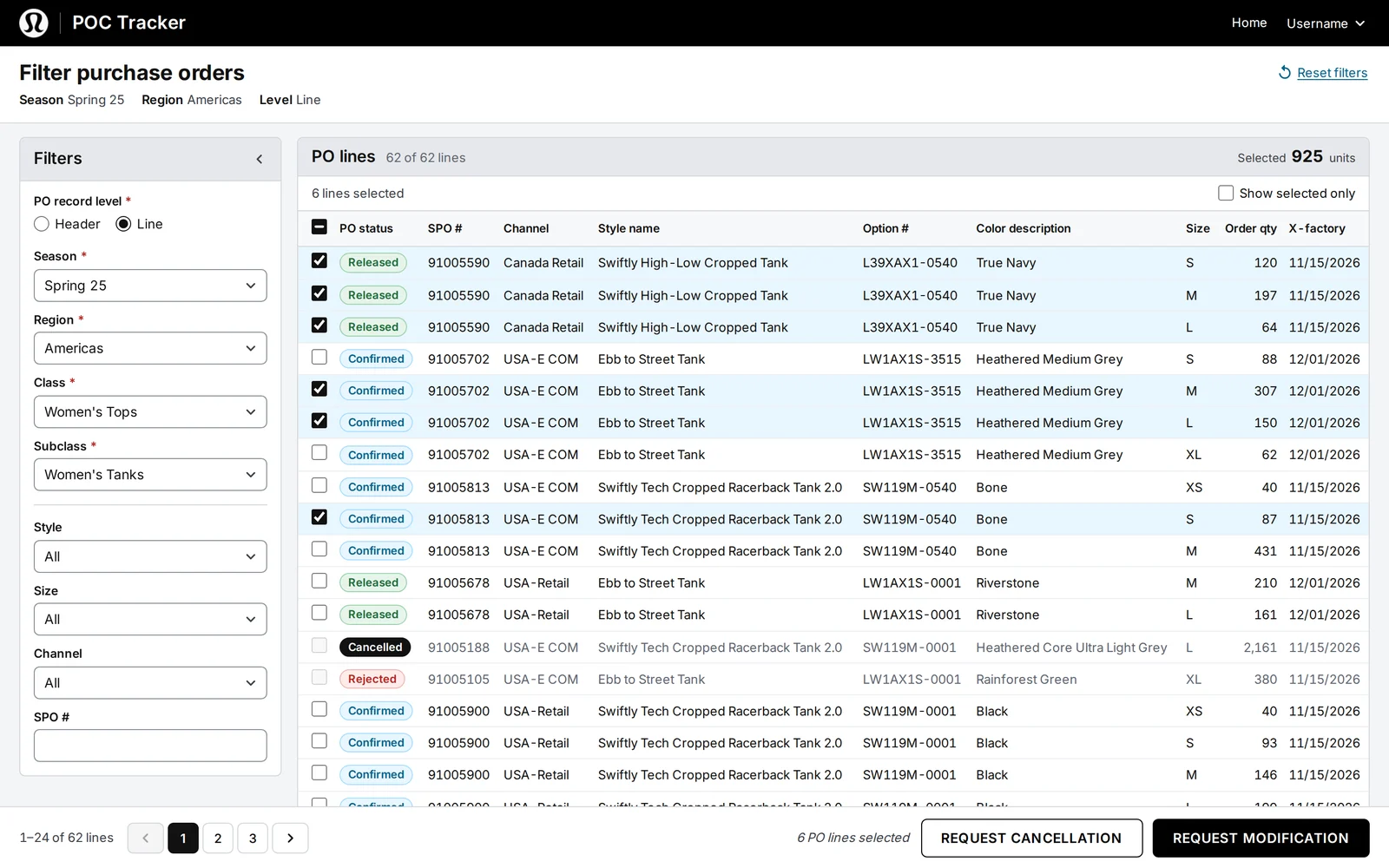 The POC Tracker’s Filter purchase orders screen: filters on the left, and a table of purchase order lines with status, style, color, size, and quantity, six of them selected.